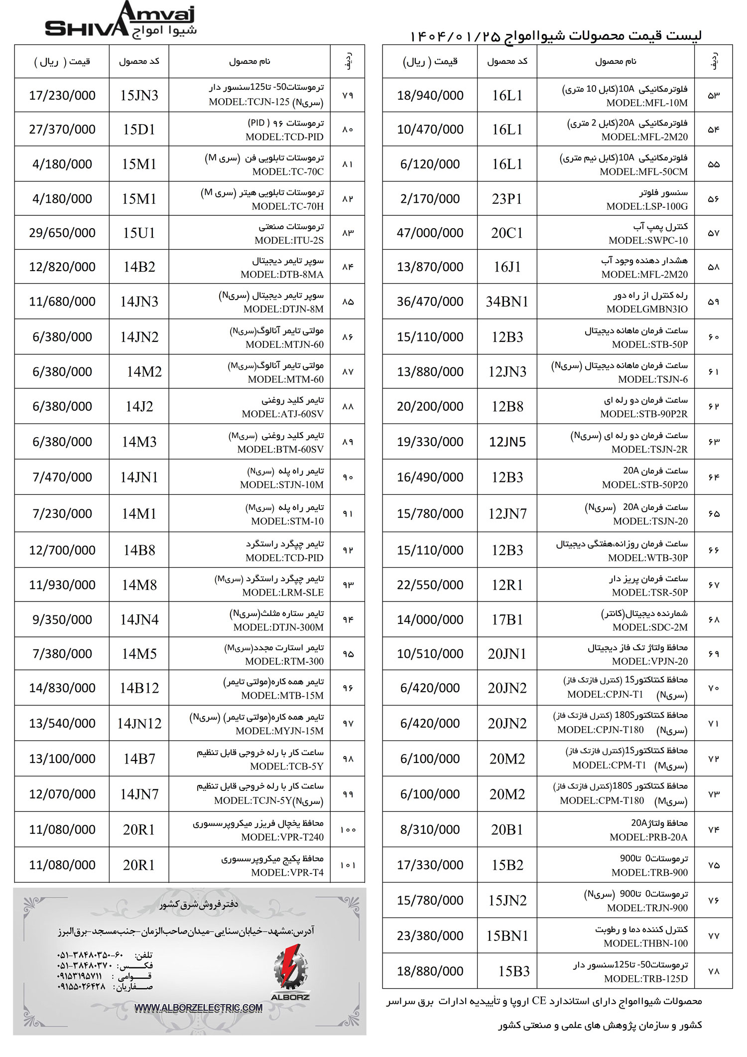 لیست قیمت شیوا امواج